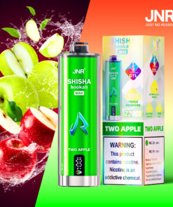 Promotional image featuring JNR Shisha Hookah Max vape device and packaging in the Two Apple flavor, set against a backdrop of splashing green and red apples with water, product details, and a nicotine warning label.