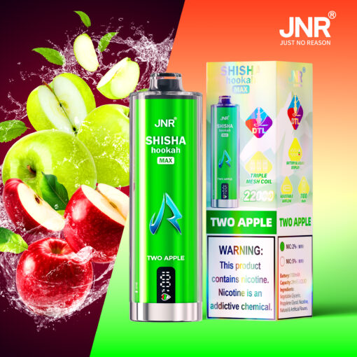 Promotional image featuring JNR Shisha Hookah Max vape device and packaging in the Two Apple flavor, set against a backdrop of splashing green and red apples with water, product details, and a nicotine warning label.