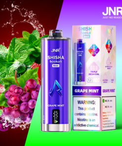 JNR SHISHA hookah MAX Grape Mint disposable vape device and packaging, featuring purple and blue branding, warning label about nicotine, and images of fresh mint leaves and purple grapes with a splash of liquid in the background.