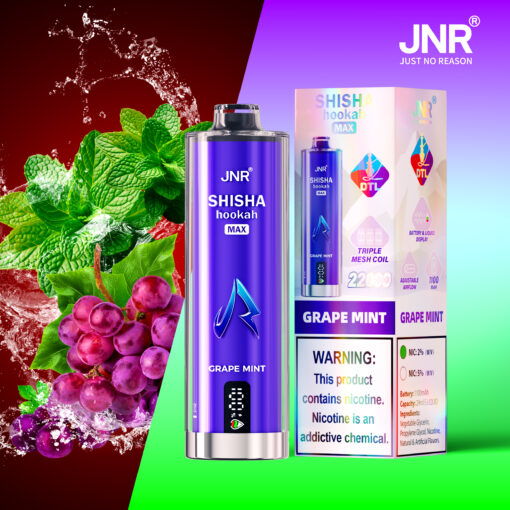 JNR SHISHA hookah MAX Grape Mint disposable vape device and packaging, featuring purple and blue branding, warning label about nicotine, and images of fresh mint leaves and purple grapes with a splash of liquid in the background.