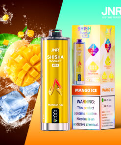 JNR Shisha Hookah Max Mango Ice disposable vape device and packaging, featuring a yellow design with promotional text, accompanied by vibrant images of mango cubes, ice, and splashing water, with a nicotine warning label visible on the box.