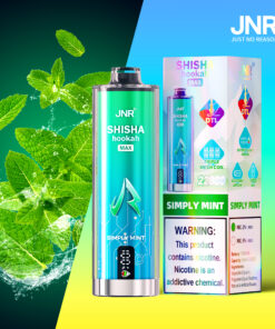 JNR Shisha Hookah Max disposable vape device in Simply Mint flavor, shown with its packaging featuring mint leaves, health warning about nicotine, and images emphasizing key features such as triple mesh coil and battery capacity.