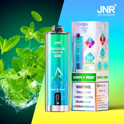 JNR Shisha Hookah Max disposable vape device in Simply Mint flavor, shown with its packaging featuring mint leaves, health warning about nicotine, and images emphasizing key features such as triple mesh coil and battery capacity.